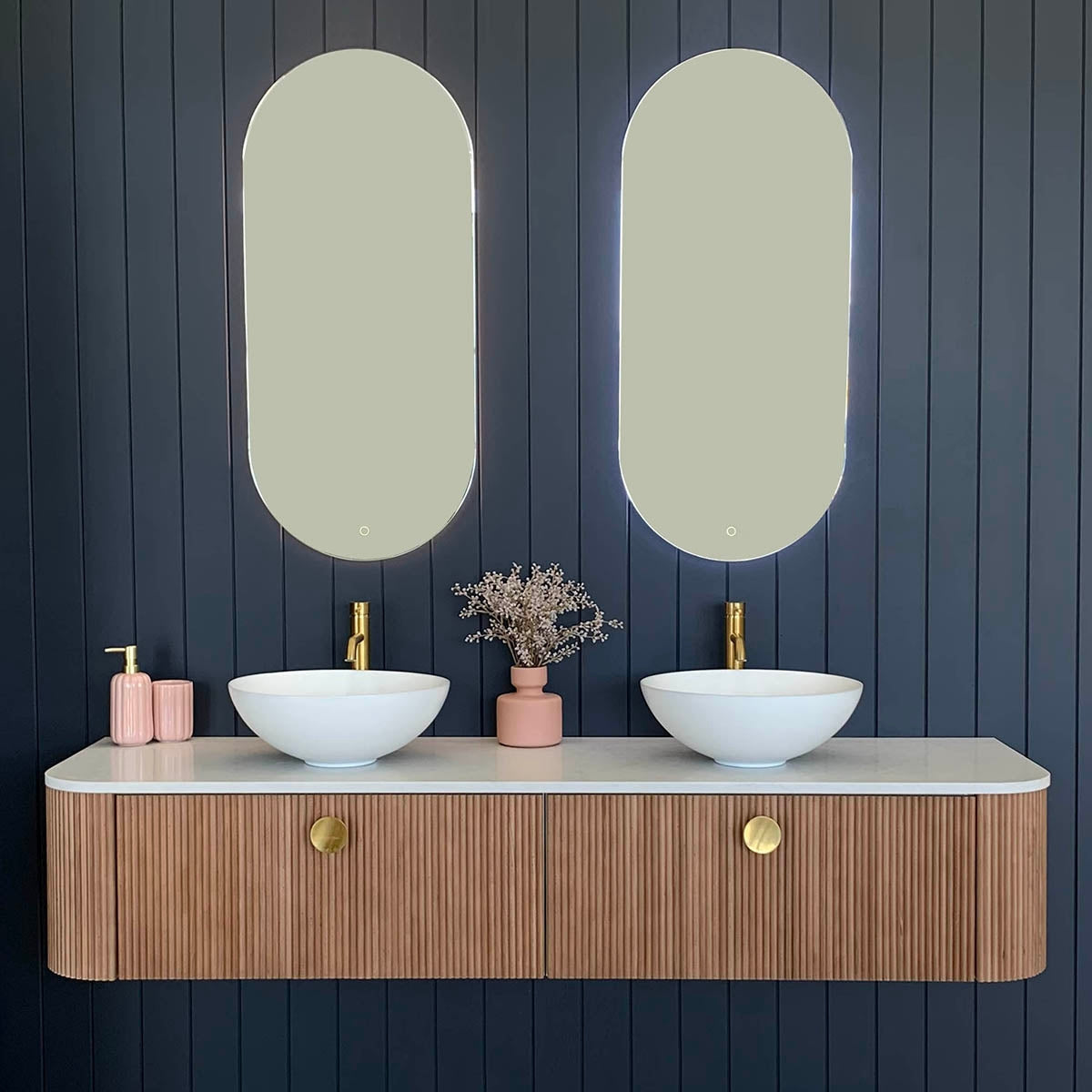 KIMBERLEY Curved Wall Hung Vanity Double 1500mm - Beech Finish