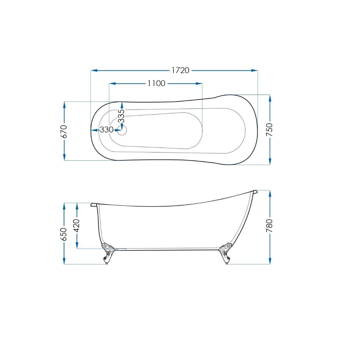 LAWSON Clawfoot Bath Kit Black 1720mm /w White Feet
