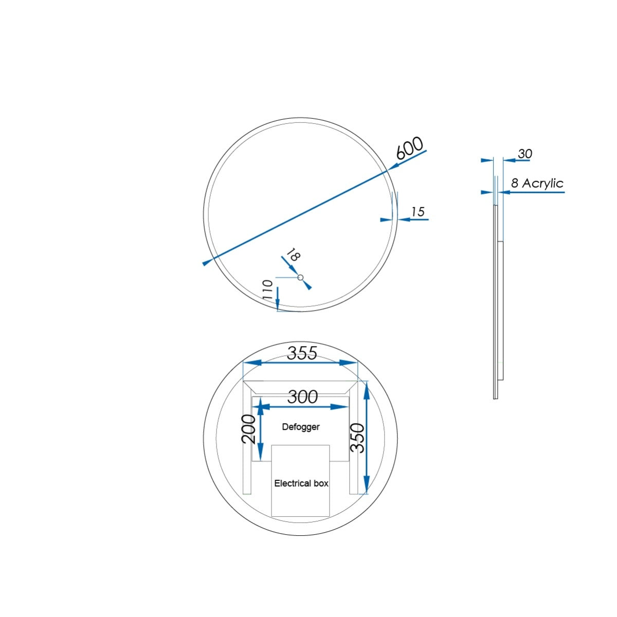 LUNA Round LED Edge Mirror with Demister 600mm