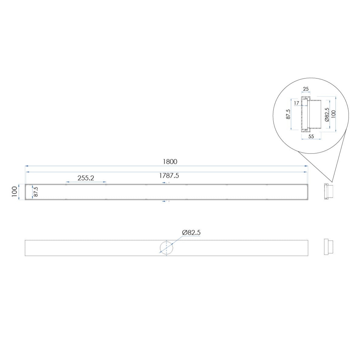 LIDO LINEAR Tile Floor Drain 1800 x 100mm Gunmetal