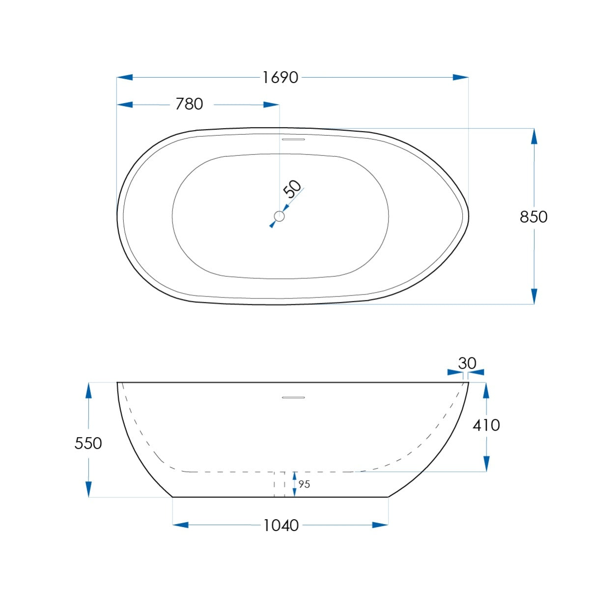 LUCINI Freestanding Bath with Overflow Gloss White 1700mm