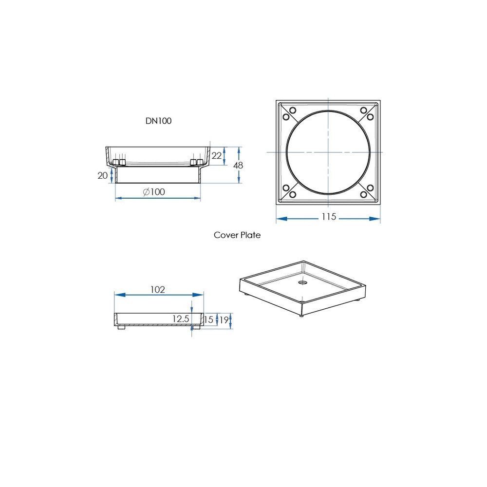 OMEGA Square Tile Grate 115mm with DN100 Outlet Titanium Bronze