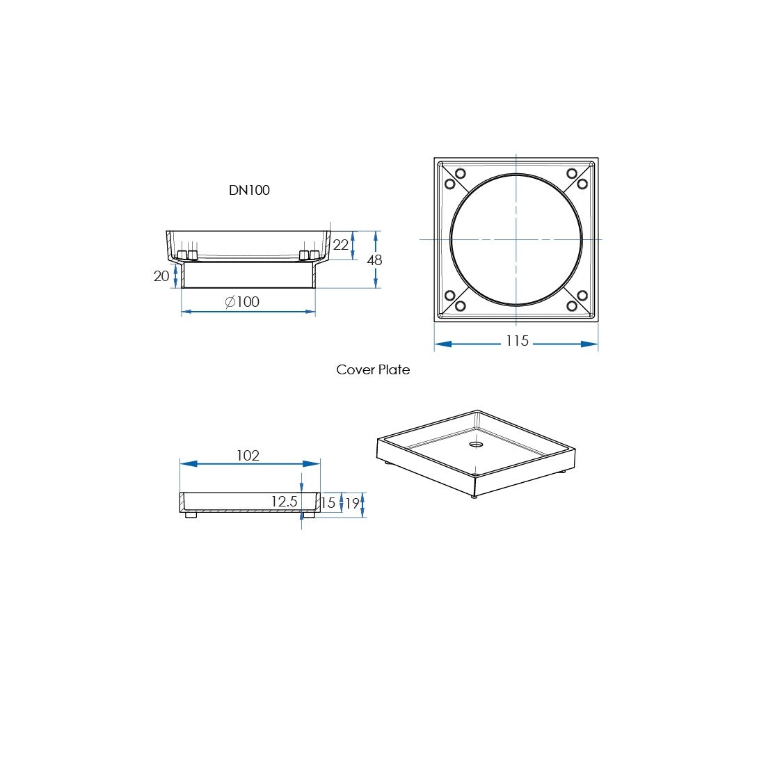 OMEGA Square Tile Grate 115mm with DN100 Outlet Titanium Bronze
