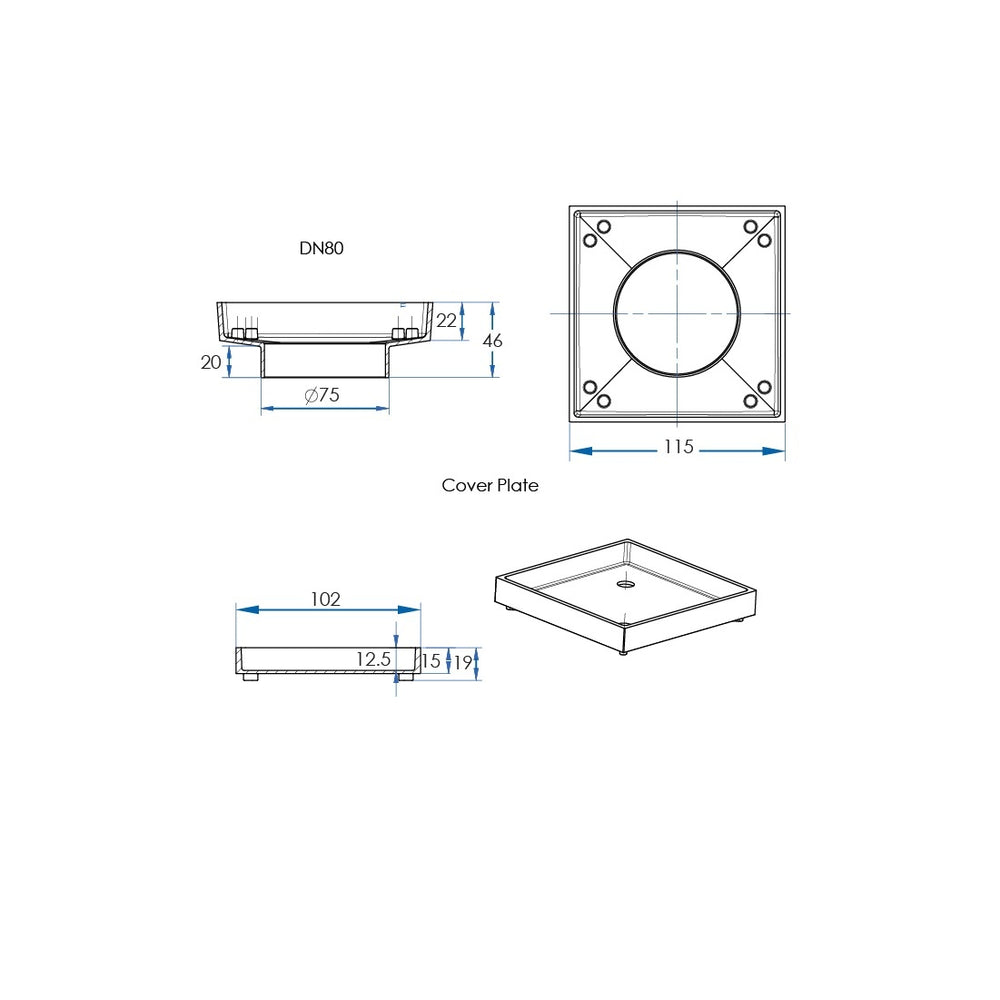 OMEGA Square Tile Grate 115mm with DN80 Outlet Titanium Bronze