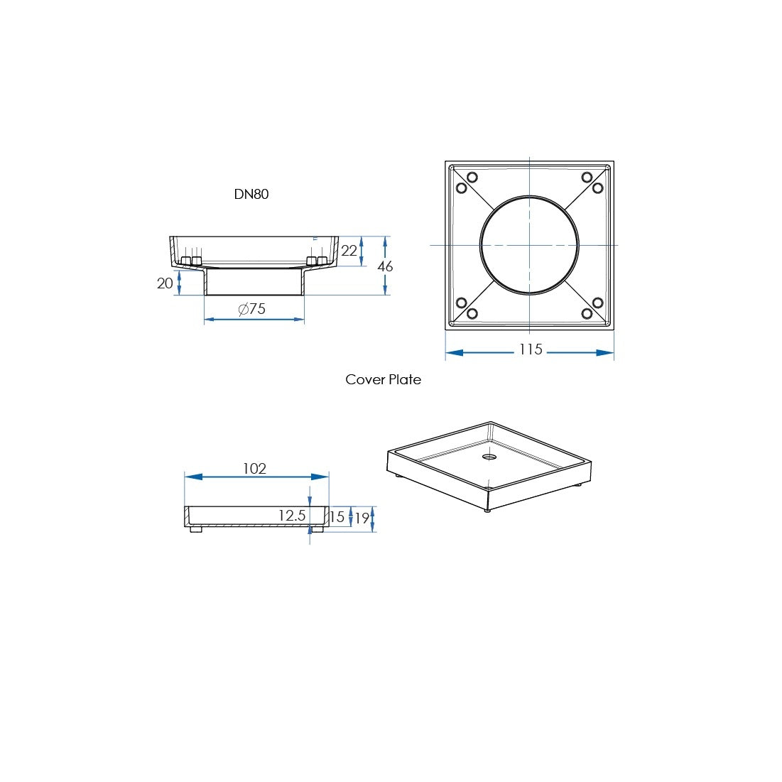 OMEGA Square Tile Grate 115mm with DN80 Outlet Titanium Bronze