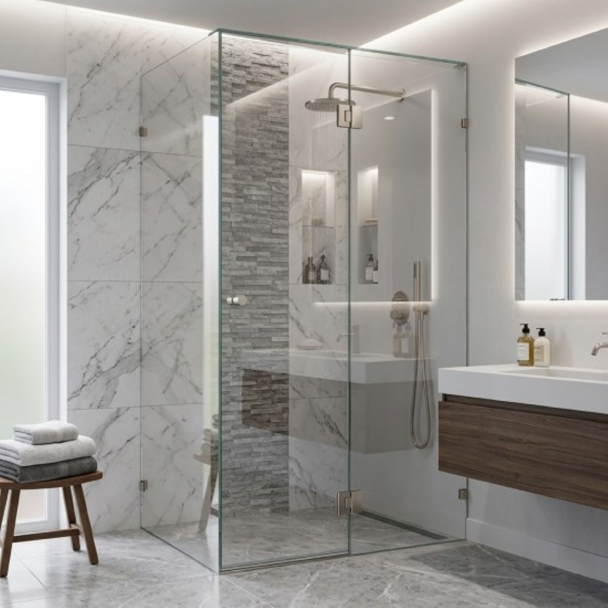 Frameless Shower Screen 1200x900mm - 600mm Hinge Panel Brushed Nickel