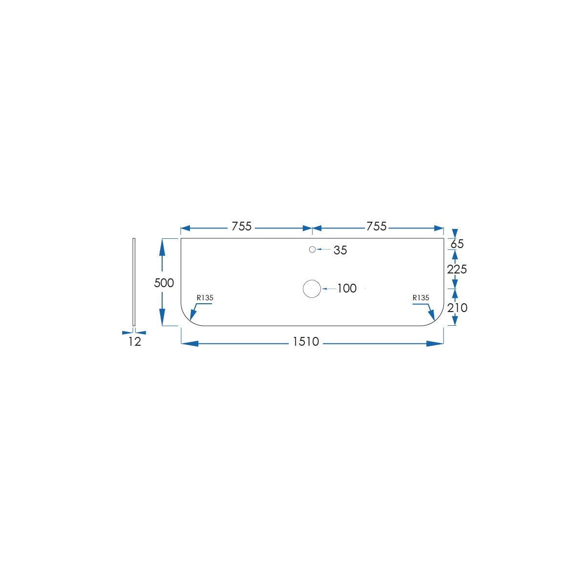 BIANCO LUNA 12mm Curved Sintered Stone Vanity Top, Suit Hob Mixer 1510mm