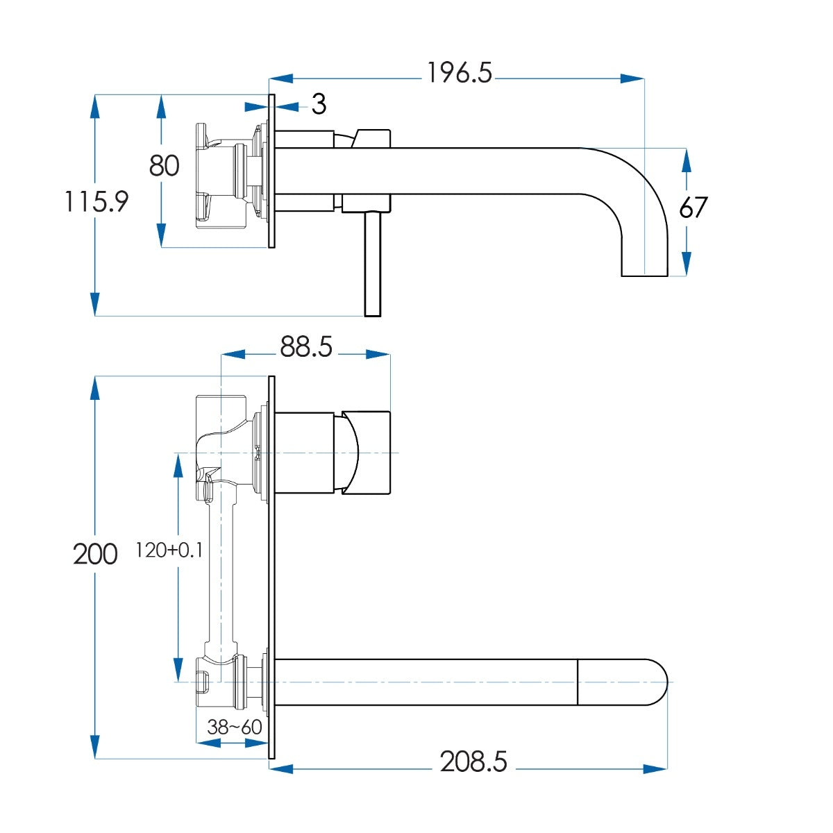 SPIN In Wall Mixer & 200mm Spout Kit Brushed Brass