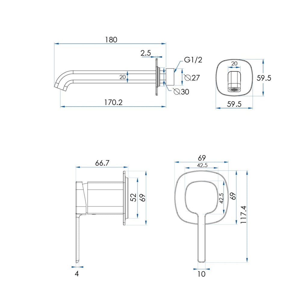 SYMMETRY In Wall Mixer & 180mm Spout Kit with Individual Wall Plate Polished Stainless Steel