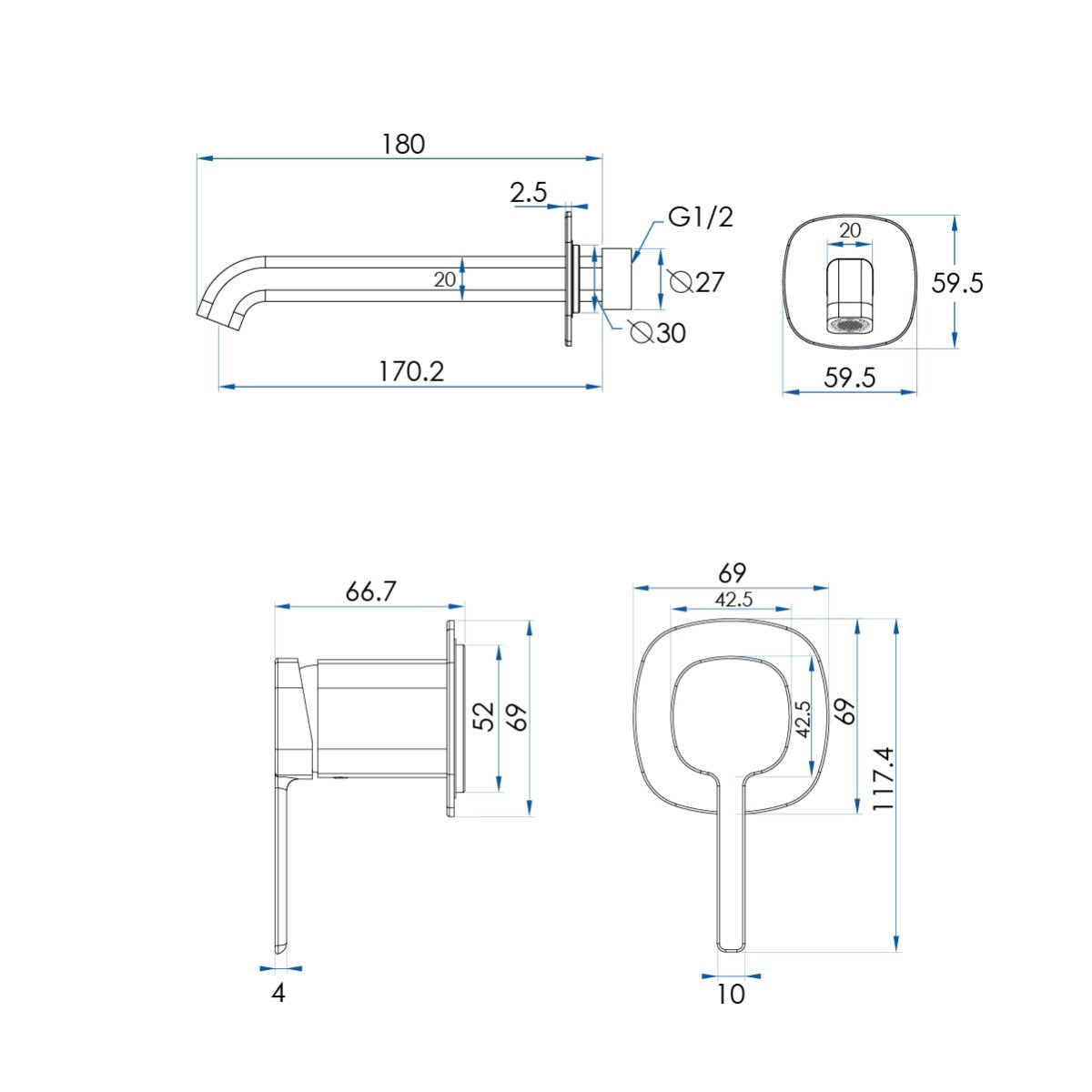 SYMMETRY In Wall Mixer & 180mm Spout Kit with Individual Wall Plate Brushed Champagne Gold