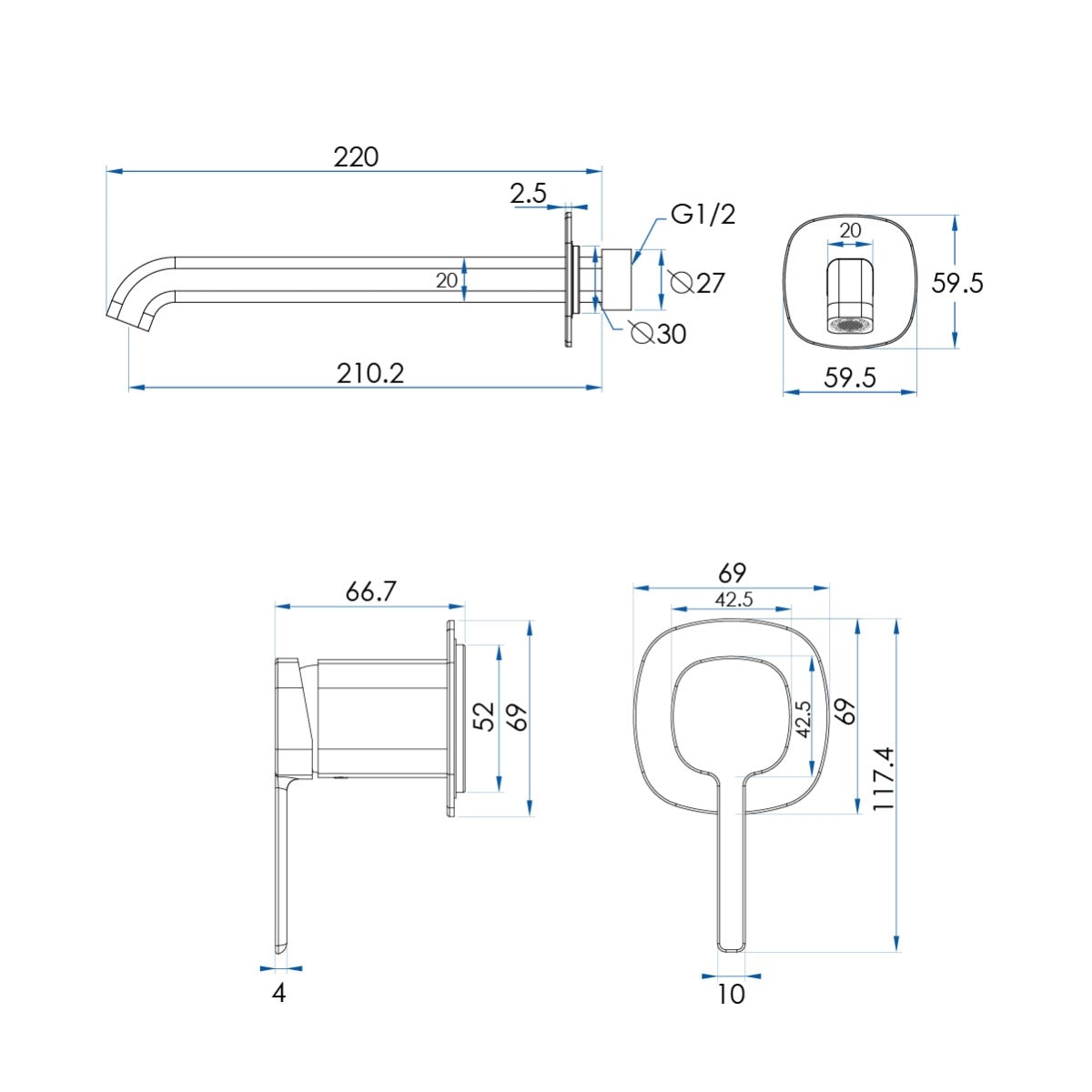 SYMMETRY In Wall Mixer & 220mm Spout Kit with Individual Wall Plate Gunmetal