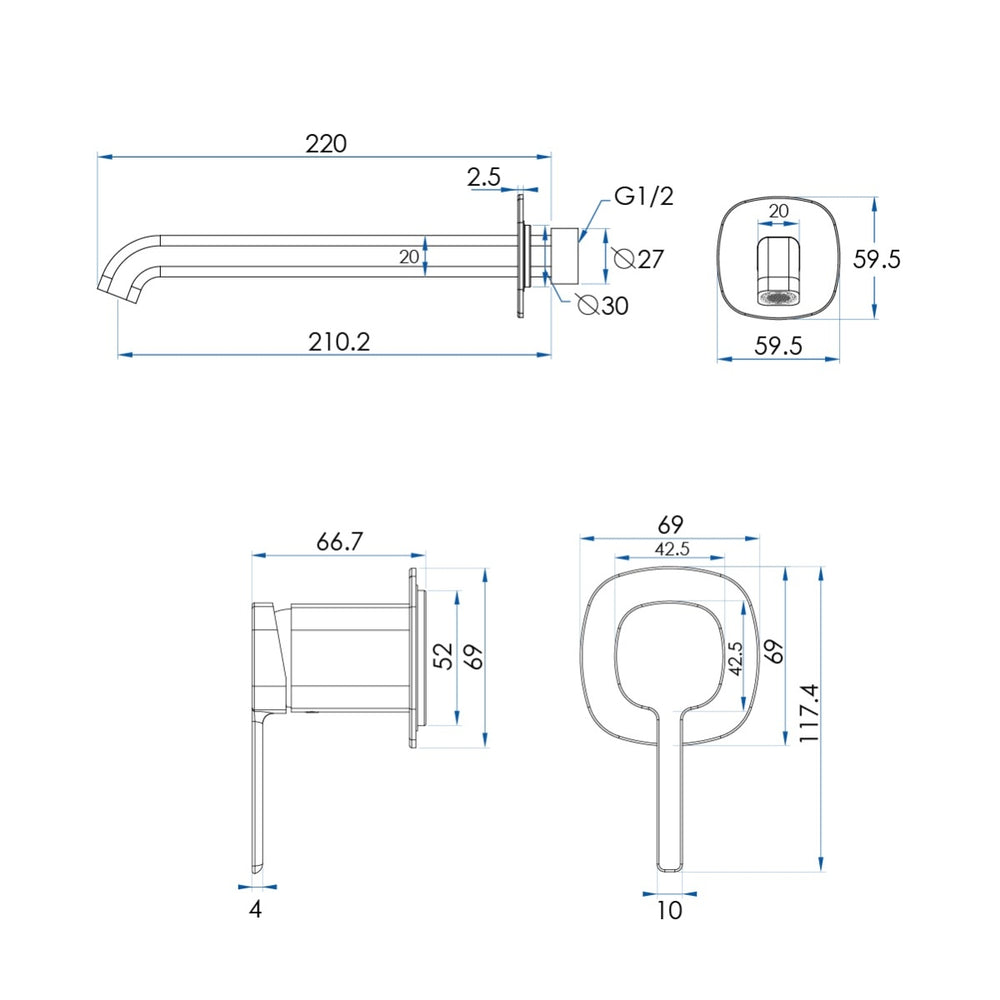 SYMMETRY In Wall Mixer & 220mm Spout Kit with Individual Wall Plate Champagne Gold