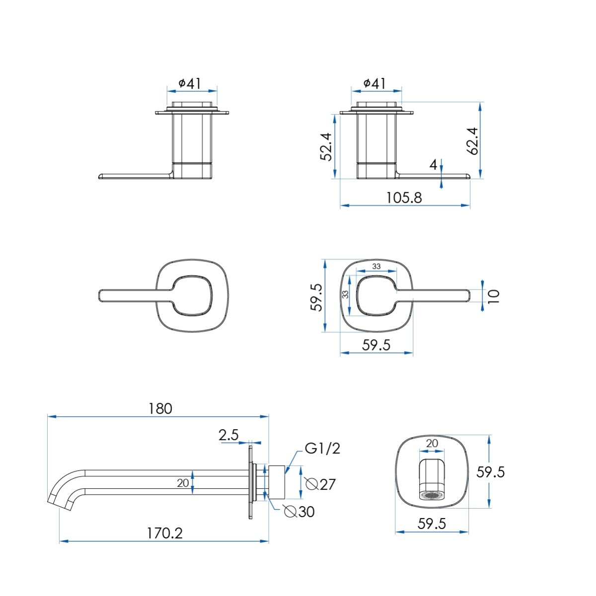 SYMMETRY In-Wall Top Lever Assemblies & 180mm Spout Kit Gunmetal