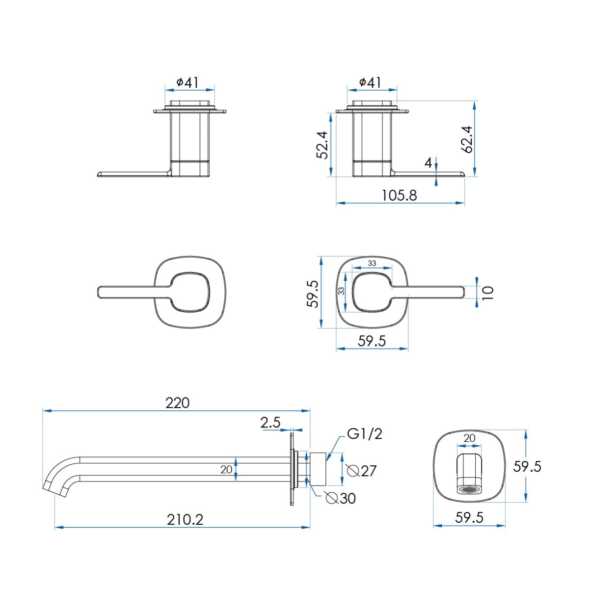SYMMETRY In-Wall Top Lever Assemblies & 220mm Spout Kit Gunmetal