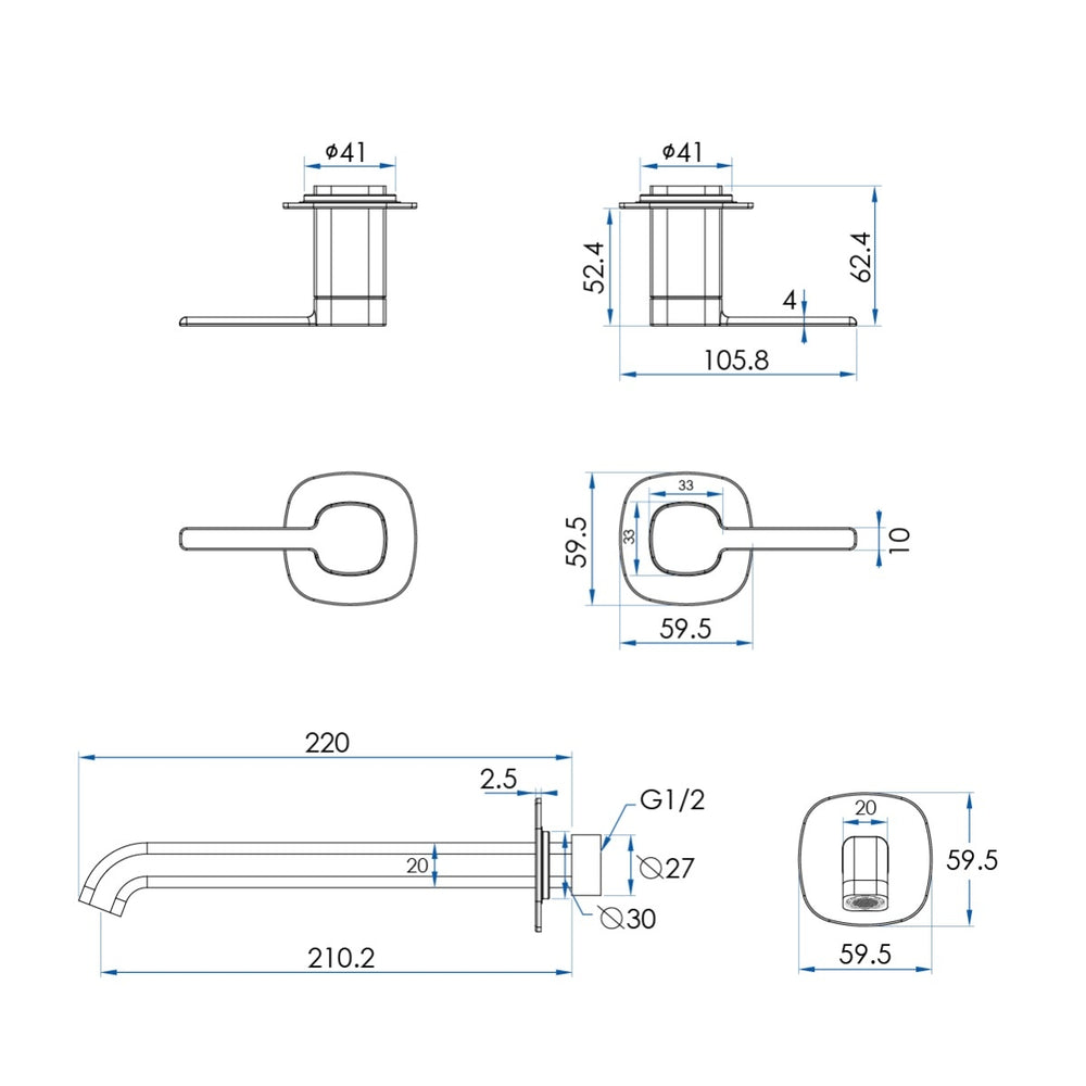 SYMMETRY In-Wall Top Lever Assemblies & 220mm Spout Kit Champagne Gold