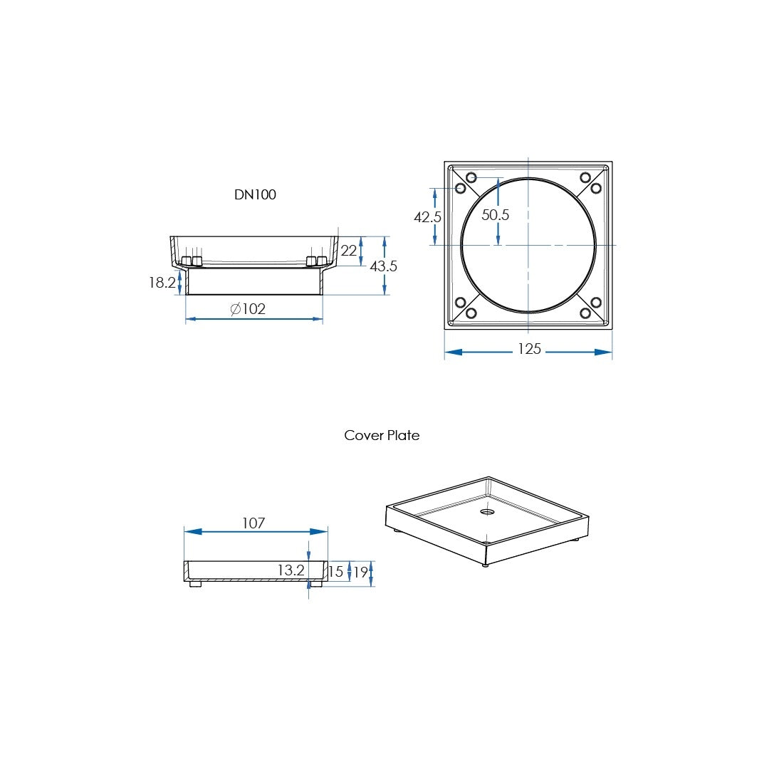 LIDO Square Tile Grate 125mm with DN100 Outlet Champagne Gold