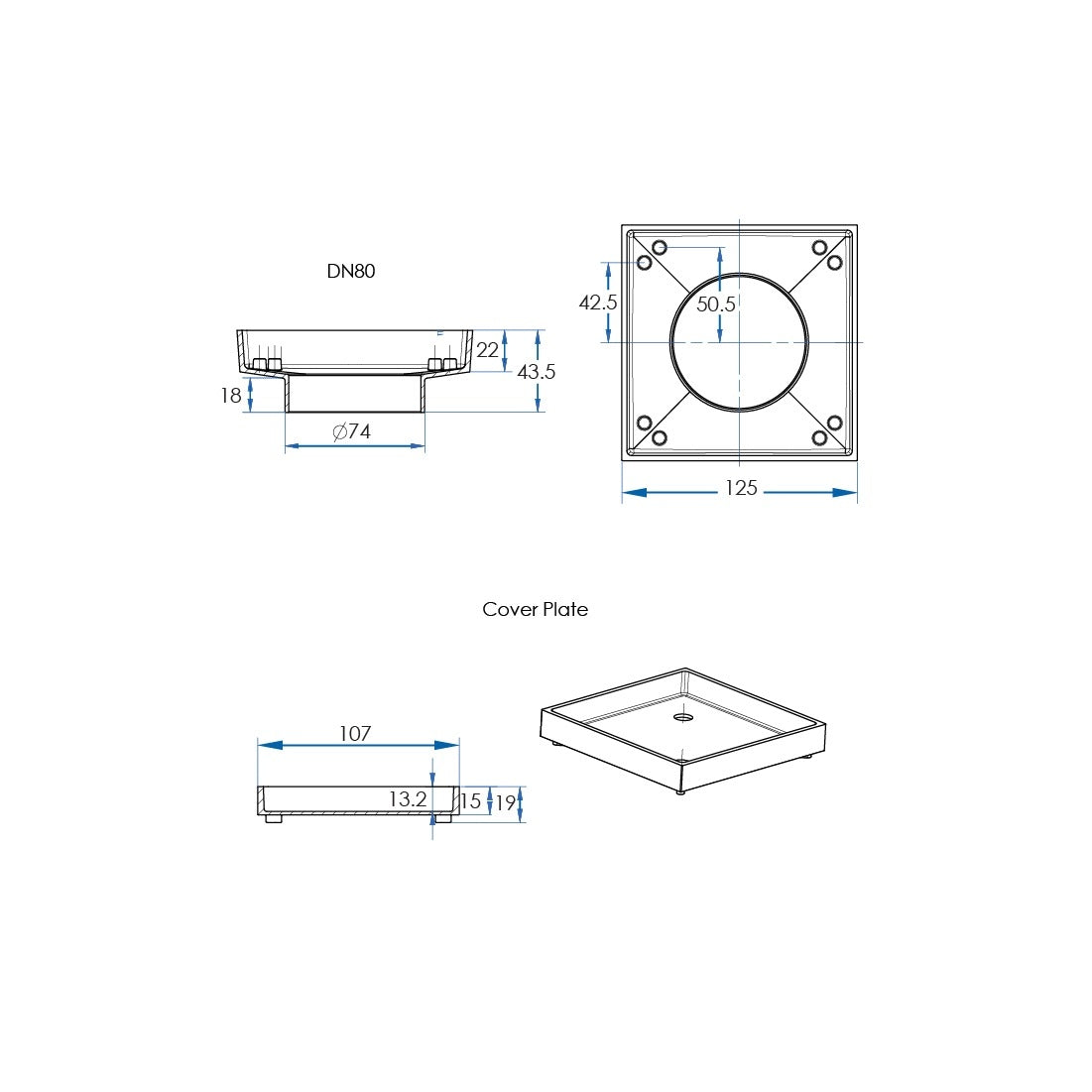 LIDO Square Tile Grate 125mm with DN80 Outlet Gunmetal