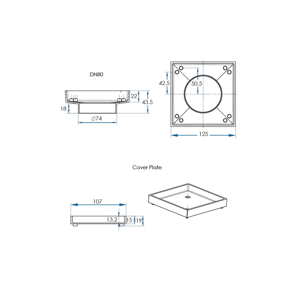 LIDO Square Tile Grate 125mm with DN80 Outlet Brushed Brass