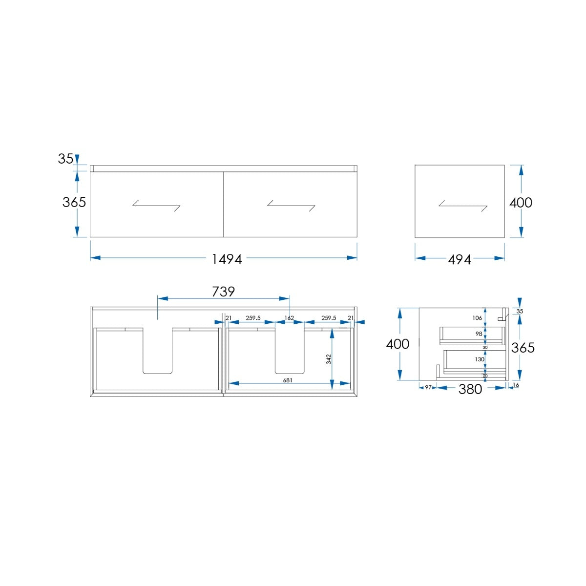 VERTICALE Wall Hung Vanity 1500mm Walnut