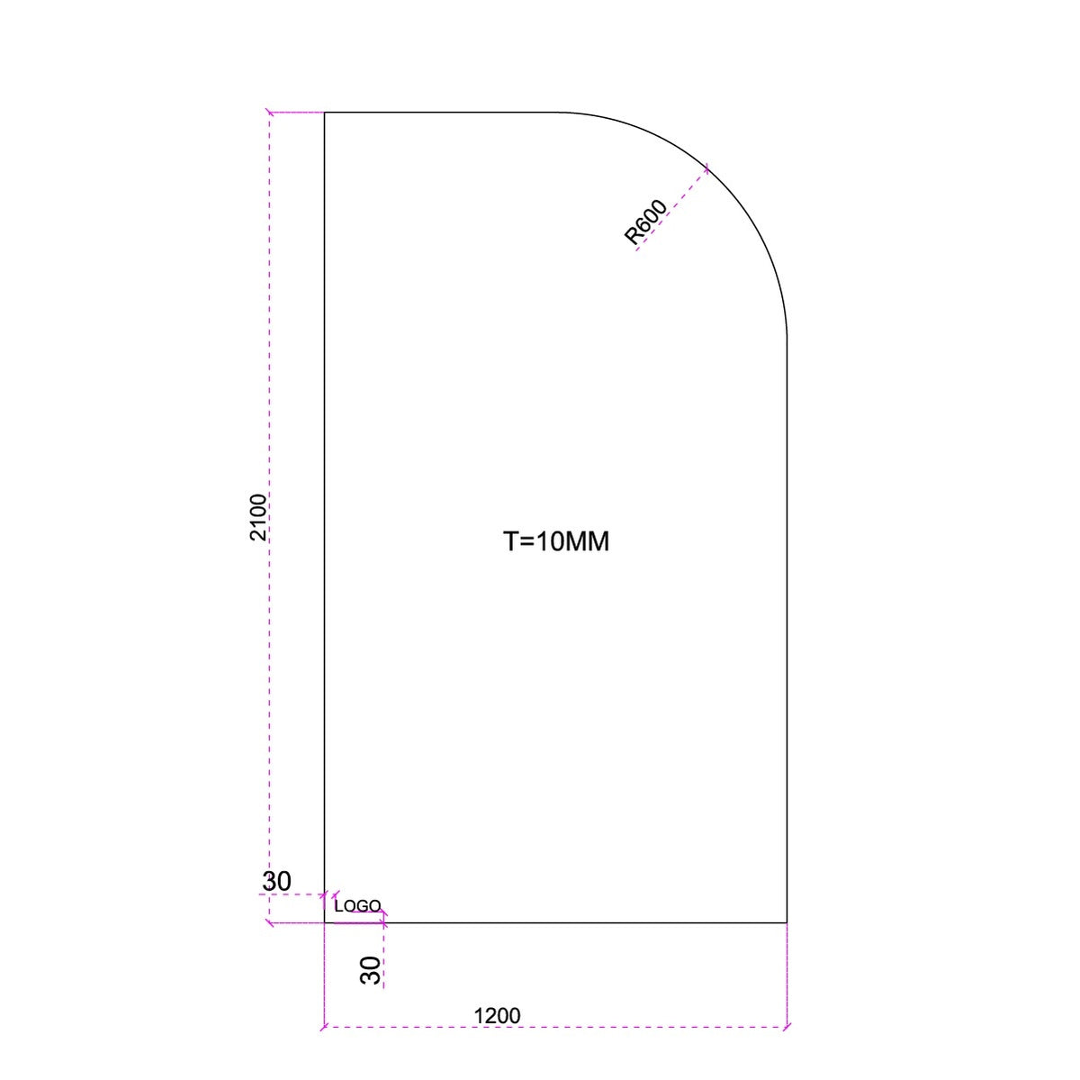VOGUE Frameless Radius Glass Panel Bronze Tint 1200x2100x10mm