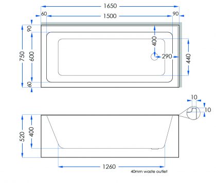LUGO 1650mm (RHS) Tech Drawing