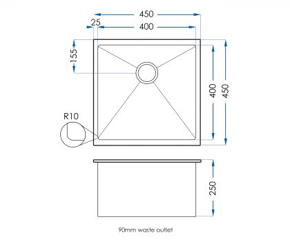 Burazzo Single Bowl Sink 450mm (250mm deep) Tech