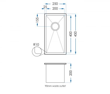 Burazzo Single Bowl Sink 250mm tech