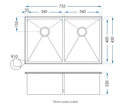 Burazzo Double Bowl Sink 750mm tech