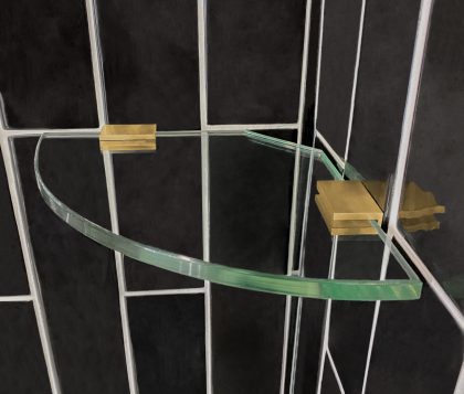 Glass Corner Shelf 200x200x10mm w/ Brushed Brass Clips