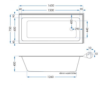 OMEGA Drop In Bath RHS Gloss White 1650mm